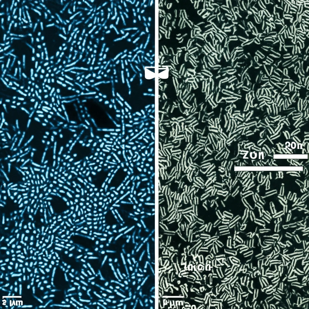 Immagine al microscopio a fluorescenza di diatomee marine che tentano di aderire a una superficie trattata con il rivestimento anfifilico, confrontata con una superficie non trattata piena di diatomee, lente teleobiettivo zoom 100-400mm, tracciamento del movimento delle diatomee in acqua, alta velocità dell'otturatore.