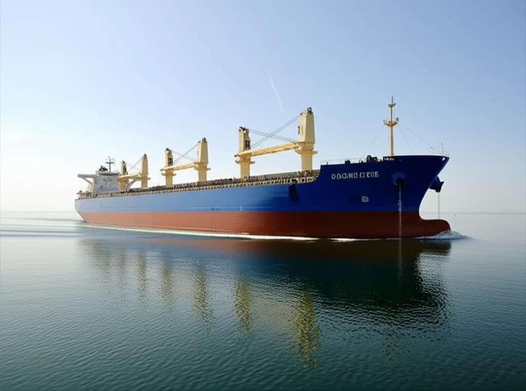 Fotografia grandangolare di una nave da carico con una carena visibilmente pulita che naviga in mare aperto, lente grandangolare 10-24mm, lunga esposizione per rendere l'acqua liscia, cielo sereno, mettendo in evidenza l'efficacia del rivestimento antifouling.