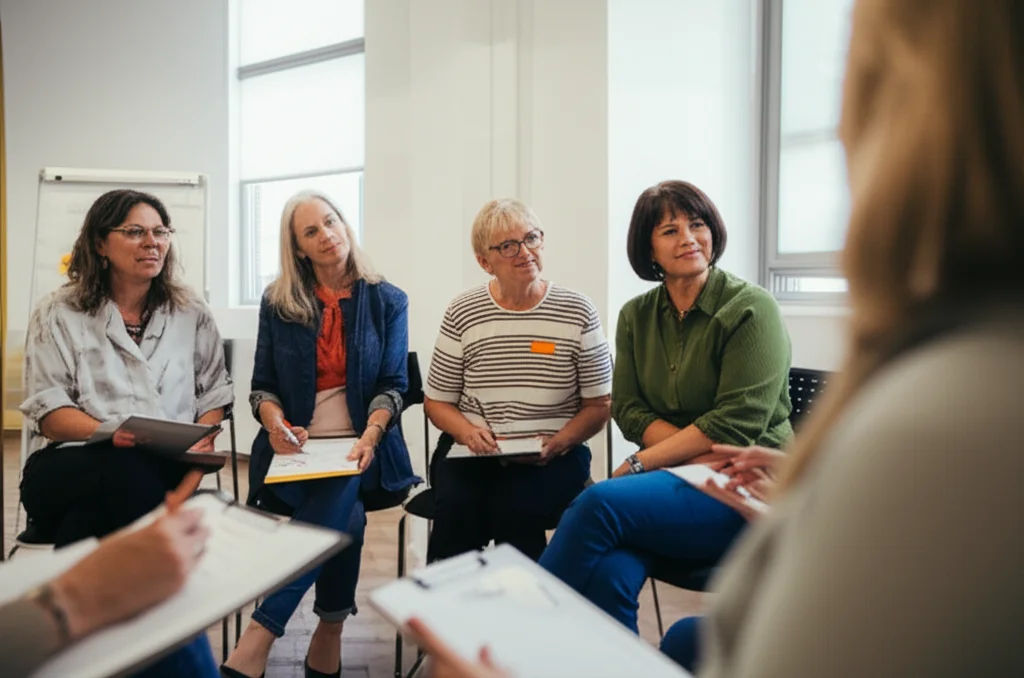 Un gruppo di donne di mezza età, dall'aspetto determinato e positivo, che partecipano a una sessione di discussione di gruppo in un ambiente luminoso e accogliente. Alcune prendono appunti, altre ascoltano attentamente un'istruttrice. Prime lens, 35mm, depth of field, illuminazione naturale controllata.