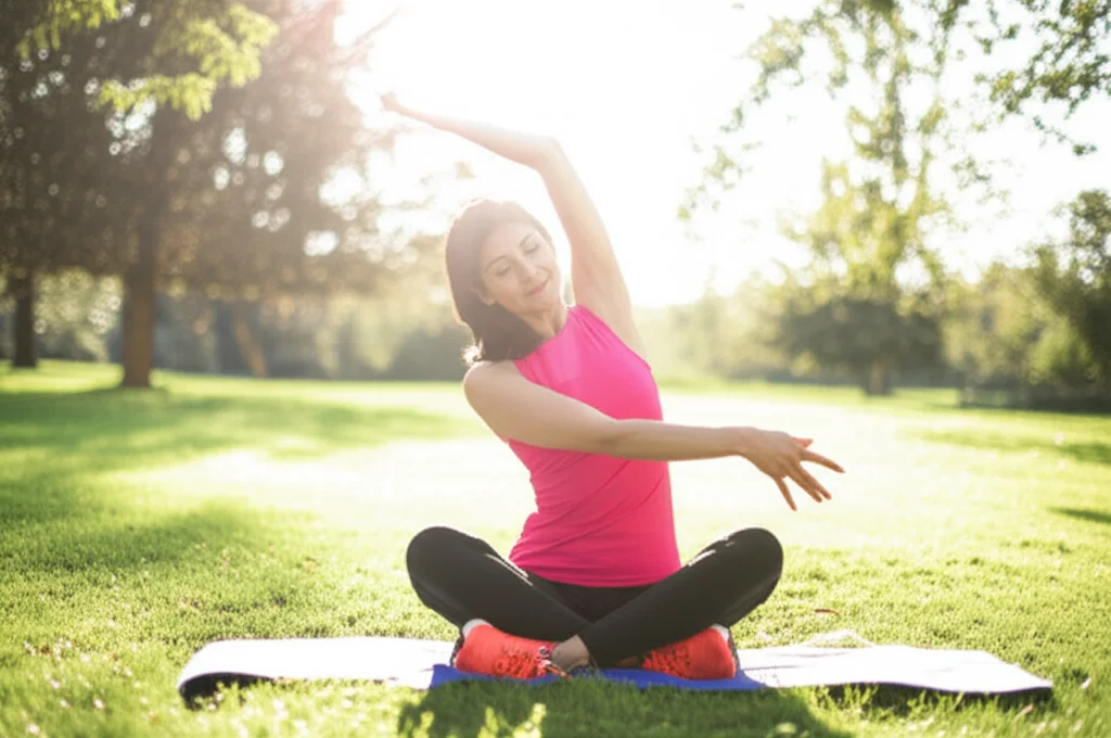 Una donna di mezza età sorridente e piena di energia che fa stretching all'aperto in un parco, con il sole che filtra tra gli alberi. Telephoto zoom, 100mm, fast shutter speed, per catturare il movimento e l'atmosfera positiva.