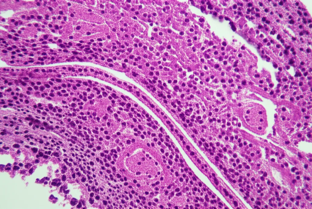 macro lens, 100mm, high detail, precise focusing, controlled lighting, fegato di ratto con evidenti segni di danno cellulare, steatosi e infiltrazione infiammatoria, in una sezione istologica colorata con ematossilina-eosina, vista al microscopio ottico.
