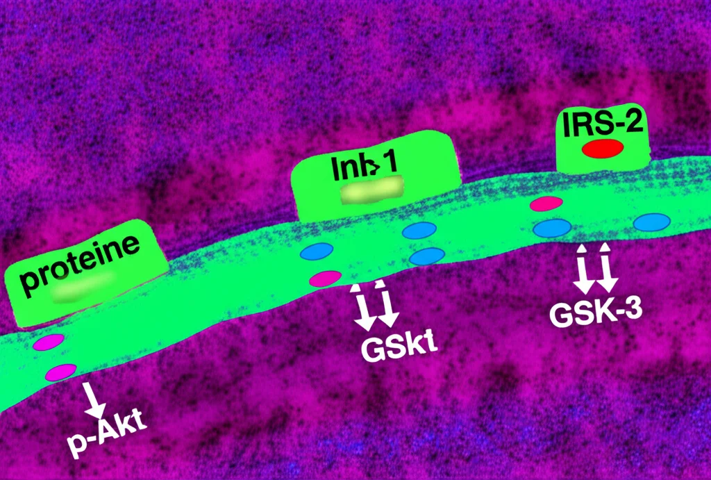 macro lens, 60mm, high detail, controlled lighting, rappresentazione astratta di una cascata di segnali molecolari all'interno di una cellula epatica, con proteine IRS-2, p-Akt e GSK-3 evidenziate che interagiscono, su uno sfondo che suggerisce il metabolismo del glucosio.