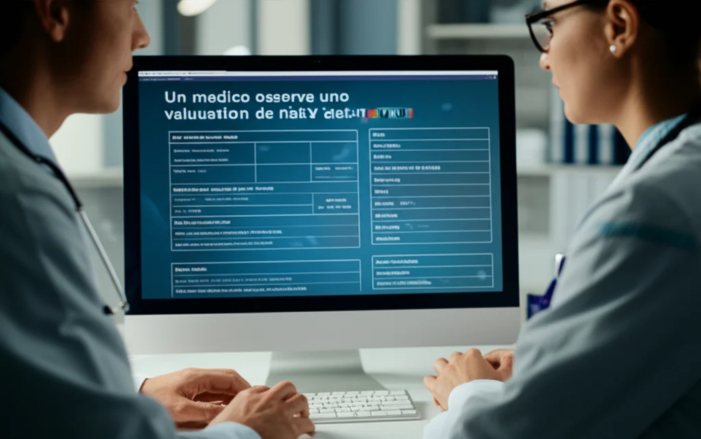 Un medico osserva uno schermo di computer in un ambiente ospedaliero. Lo schermo mostra un'interfaccia utente con un modello di valutazione del rischio TEV, evidenziando fattori di rischio e un punteggio. Macro lens, 60mm, high detail, precise focusing, controlled lighting, l'atmosfera è seria e concentrata.