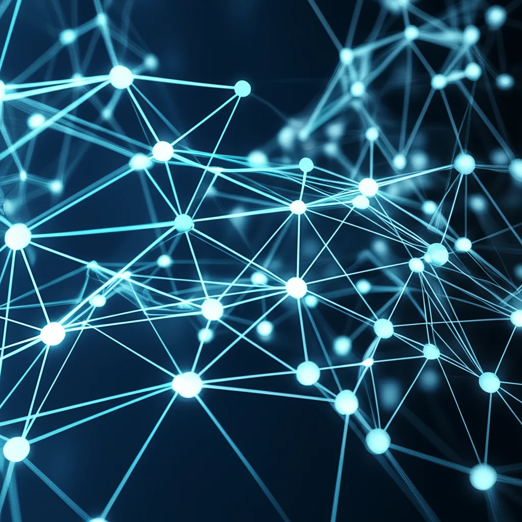 Un'immagine concettuale di una rete neurale stilizzata, con nodi luminosi e connessioni che elaborano flussi di dati astratti rappresentanti informazioni logiche e temporali. L'ambientazione è futuristica, con un leggero effetto 'depth of field' per mettere a fuoco la parte centrale della rete. Obiettivo prime 35mm, duotone blu e ciano per un look tecnologico.