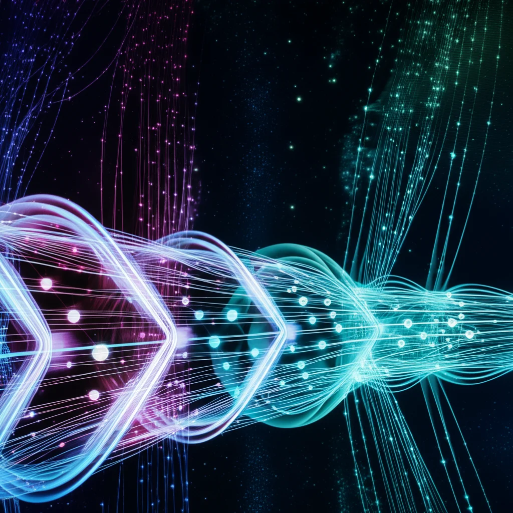 Una visualizzazione di dati che scorrono attraverso strati di una rete neurale, con input logici (simboli) e temporali (numeri) che vengono processati per produrre un vettore di probabilità di stato. Stile grafico pulito, high detail, precise focusing, controlled lighting, obiettivo macro 100mm.