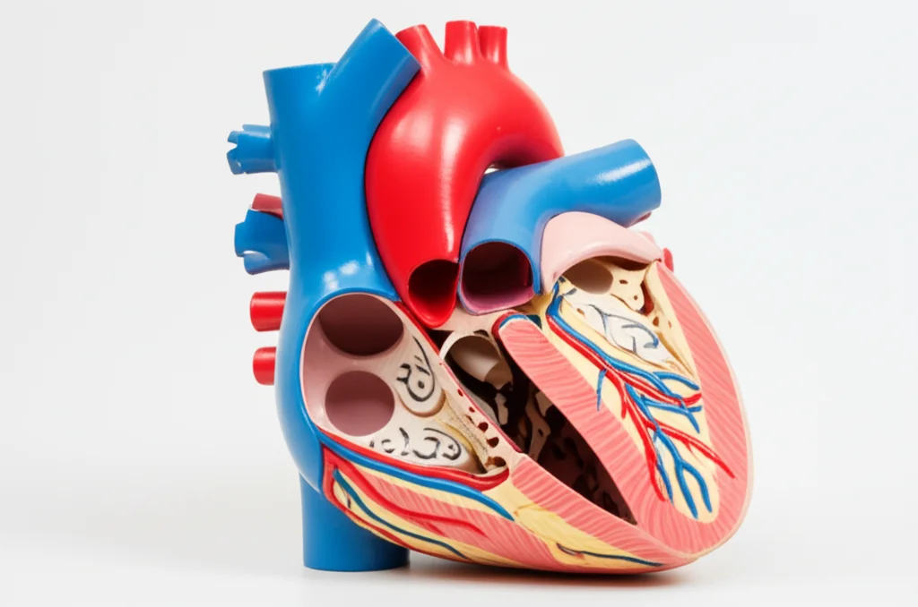 Un'immagine macro ad alta definizione di un modello anatomico del cuore umano, con illuminazione da studio precisa che evidenzia l'atrio sinistro e l'anello mitralico. L'obiettivo macro da 90mm cattura dettagli finissimi, creando un'immagine fotorealistica e scientificamente accurata per illustrare i concetti di MAPSE e volume atriale.