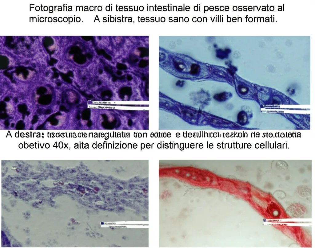 Fotografia macro di tessuto intestinale di pesce osservato al microscopio. A sinistra, tessuto sano con villi ben formati. A destra, tessuto danneggiato da stress alcalino con necrosi cellulare evidente e vacuolizzazioni. Illuminazione da microscopia ottica, obiettivo 40x, alta definizione per distinguere le strutture cellulari.