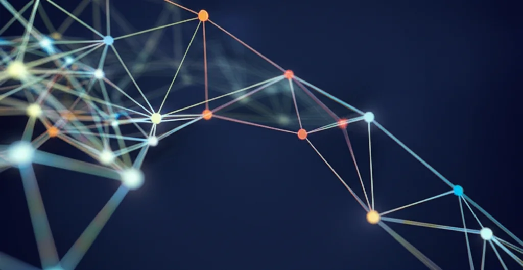 Visualizzazione grafica astratta di reti geniche o interazioni molecolari. Linee colorate che collegano nodi rappresentanti geni, con alcuni nodi evidenziati a simboleggiare geni differenzialmente espressi. Sfondo scuro con elementi luminosi, stile infografica scientifica high-tech.