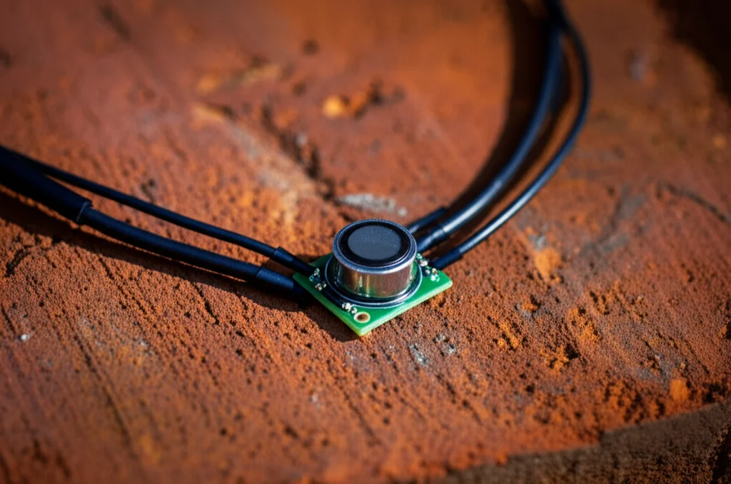 Fotografia macro di un sensore di vibrazione high-tech montato su una superficie di mattoni antichi, con cavi sottili che si diramano. Illuminazione controllata per evidenziare i dettagli del sensore e la texture della muratura, obiettivo macro 100mm, alta precisione di messa a fuoco.