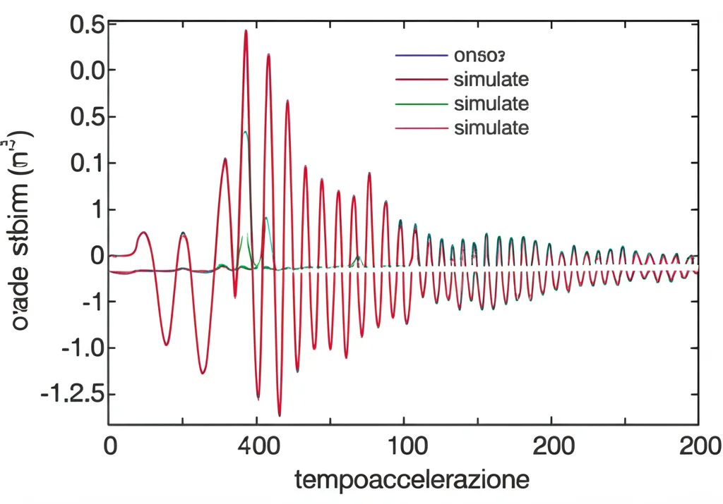 Grafico stilizzato che mostra la sovrapposizione di onde sismiche misurate (linea irregolare) e simulate (linea più liscia) su un diagramma tempo-accelerazione. Illuminazione da studio per chiarezza, obiettivo da 50mm per una visione generale ma dettagliata del grafico.