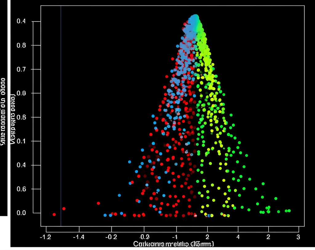 Visualizzazione grafica di dati metabolomici, come un volcano plot o una heatmap, con punti colorati che rappresentano diversi metaboliti, lente prime 35mm, stile infografica scientifica.