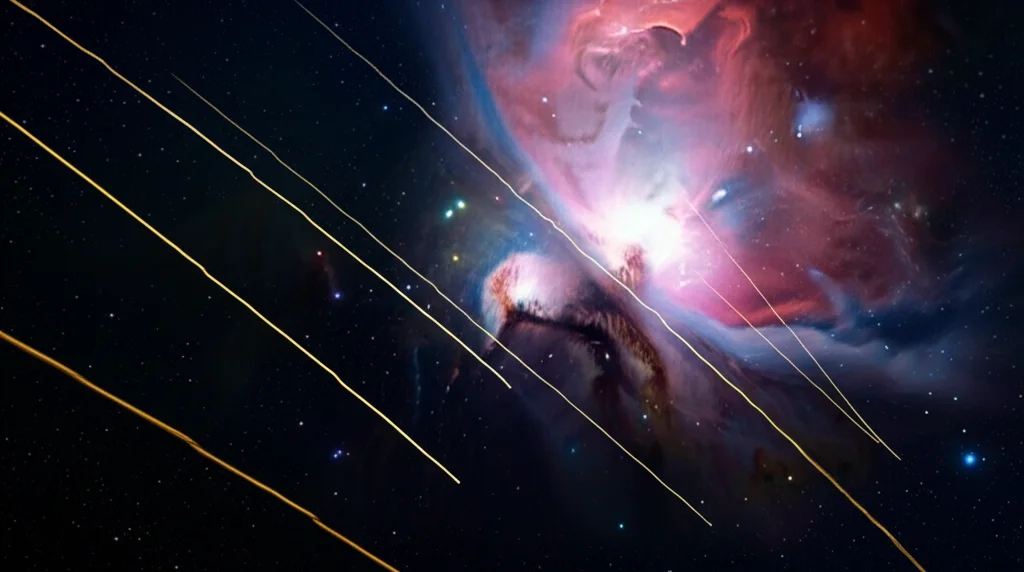 Visualizzazione artistica e fotorealistica di raggi cosmici galattici che attraversano lo spazio interplanetario, con una nebulosa colorata sullo sfondo. Macro lens, 80mm, per evidenziare le tracce luminose delle particelle, illuminazione drammatica.