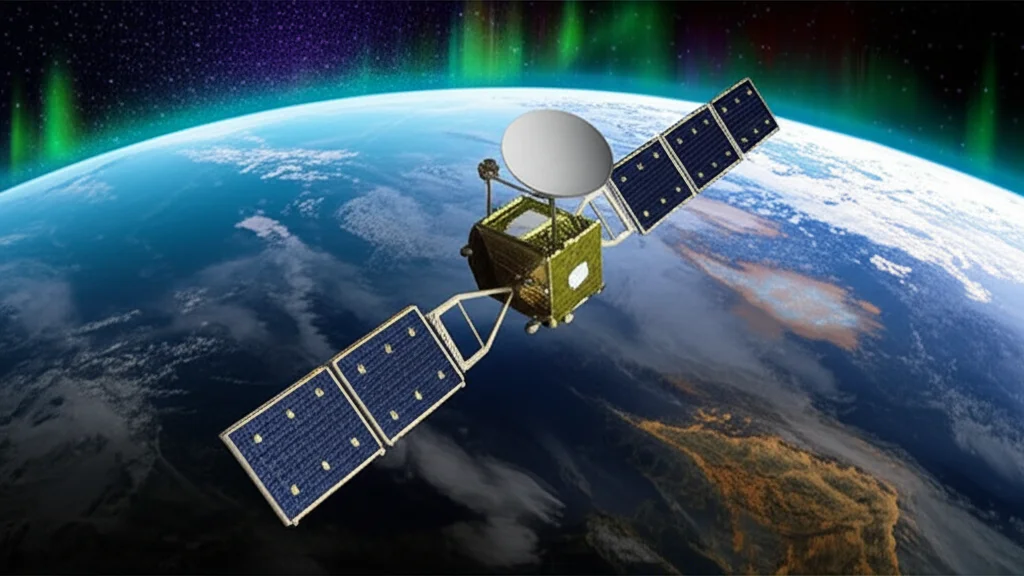 Immagine fotorealistica di un satellite scientifico in orbita attorno a un pianeta gigante gassoso come Giove, con aurore visibili ai poli del pianeta. Obiettivo zoom 100-400mm, per catturare sia il satellite in dettaglio che il contesto planetario, illuminazione suggestiva proveniente dal pianeta e da stelle distanti.