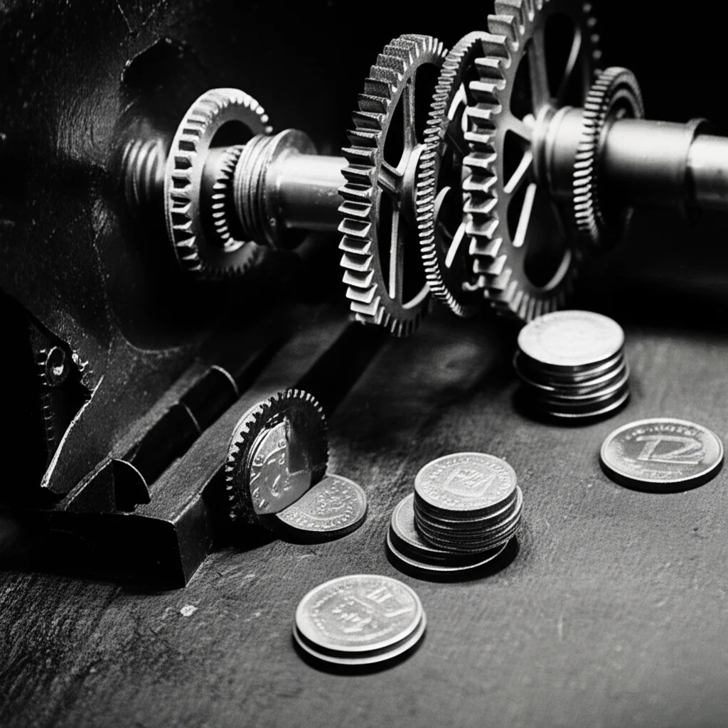 Una visualizzazione astratta di un algoritmo corrotto, con ingranaggi arrugginiti e monete che ostruiscono il meccanismo, simboleggiando come il profitto possa degradare la qualità delle spiegazioni. Fotografia concettuale, obiettivo prime 50mm, profondità di campo, film noir, bianco e nero con dettagli dorati per le monete.