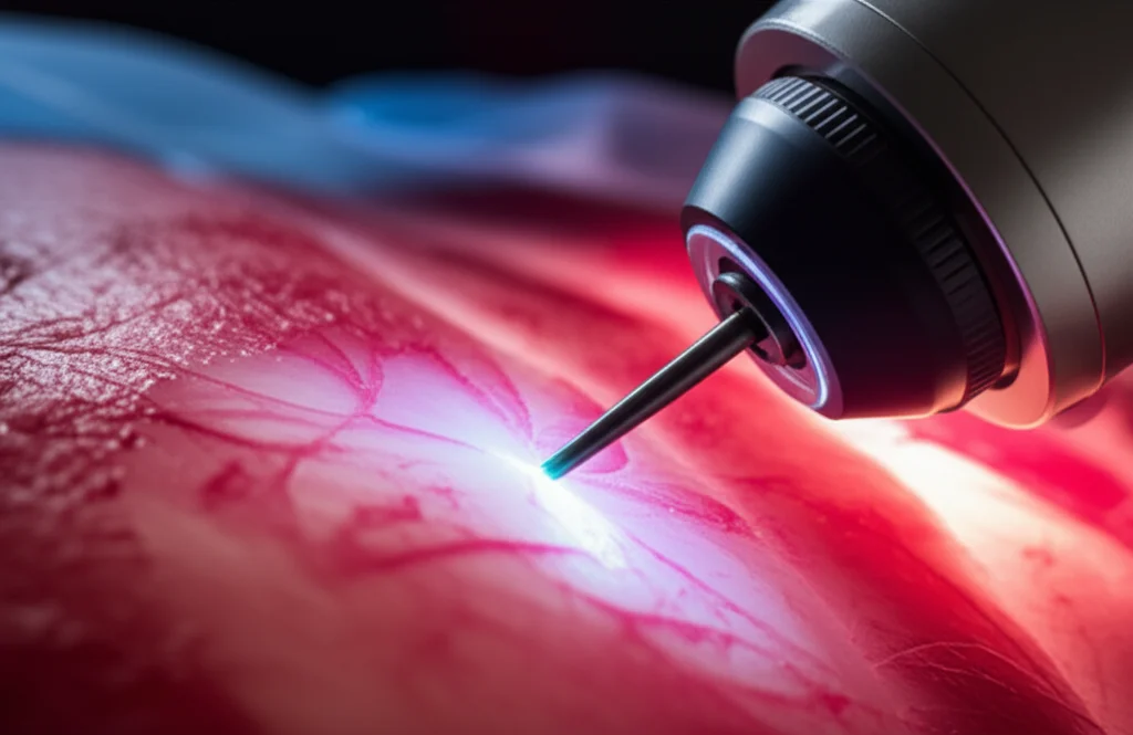 Primo piano di un endoscopio chirurgico con una luce brillante all'estremità, che naviga delicatamente attraverso tessuti biologici rosa e rossi. L'immagine dovrebbe trasmettere precisione e tecnologia avanzata. Obiettivo macro, 90mm, illuminazione controllata e precisa, alta definizione dei dettagli tissutali.