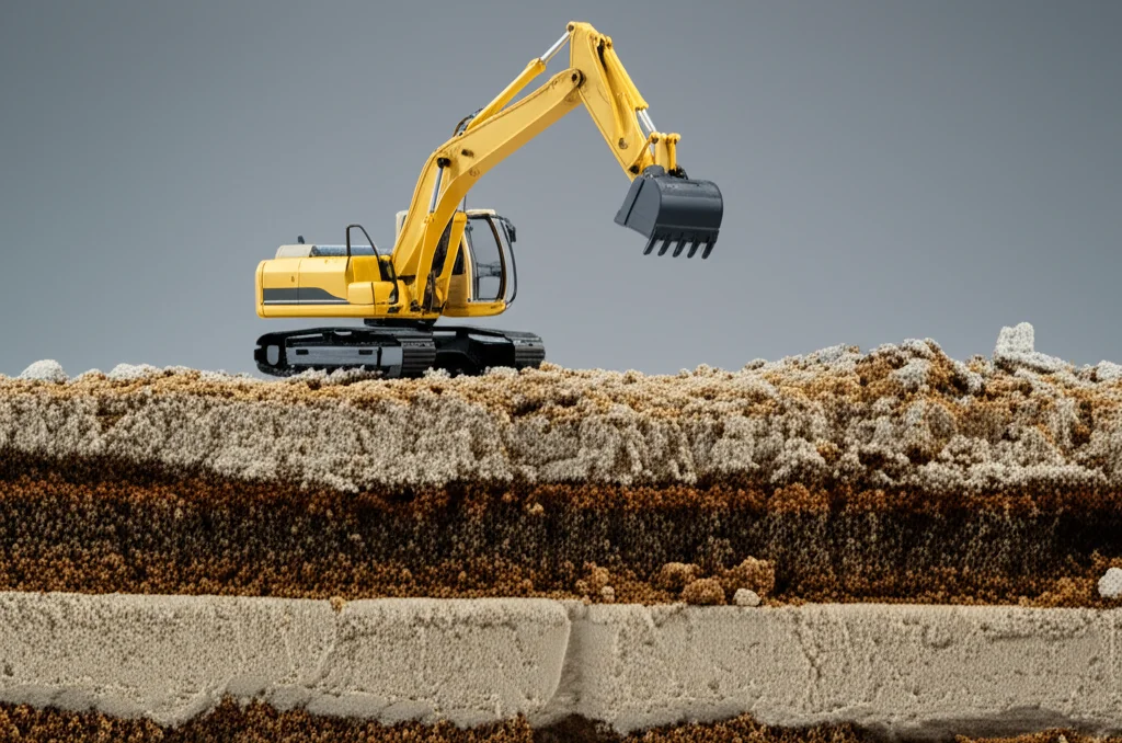 Lenti macro, 60 mm, alto dettaglio di una sezione trasversale di strati di terreno, che mostrano distinti strati di sabbia, argilla e piccoli ciottoli, con un modello di scavatore in miniatura che scava con cura allo strato superiore, illuminazione controllata per evidenziare le trame.