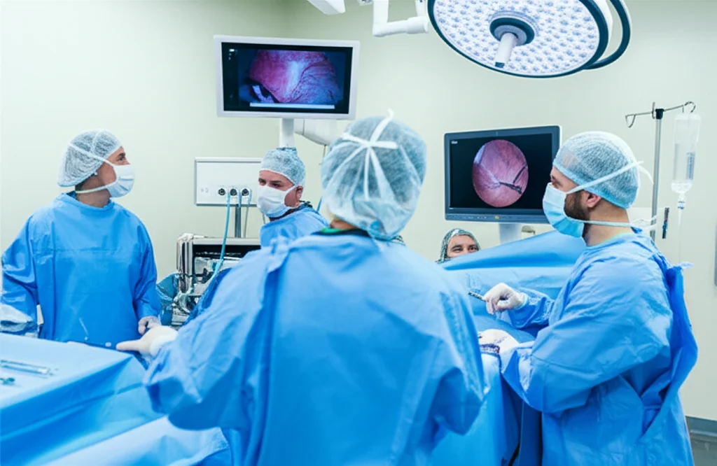 Fotografia di una sala operatoria moderna e luminosa, con un team chirurgico urologico concentrato attorno a un monitor che mostra immagini endoscopiche della vescica durante una resezione transuretrale, teleobiettivo zoom 100-400mm per catturare l'azione e i dettagli, luce ambientale chiara e focalizzata sull'area di intervento.