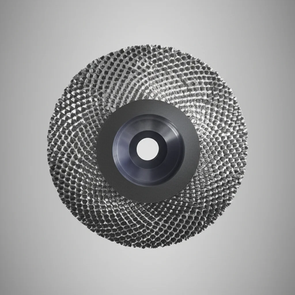 Immagine fotorealistica del nuovo strumento di aterectomia rotazionale, metallo stampato in 3D, forma ellittica con micro-groove. Lenti macro, 100 mm, dettagli elevati, messa a fuoco precisa, illuminazione da studio su uno sfondo pulito e sterile.