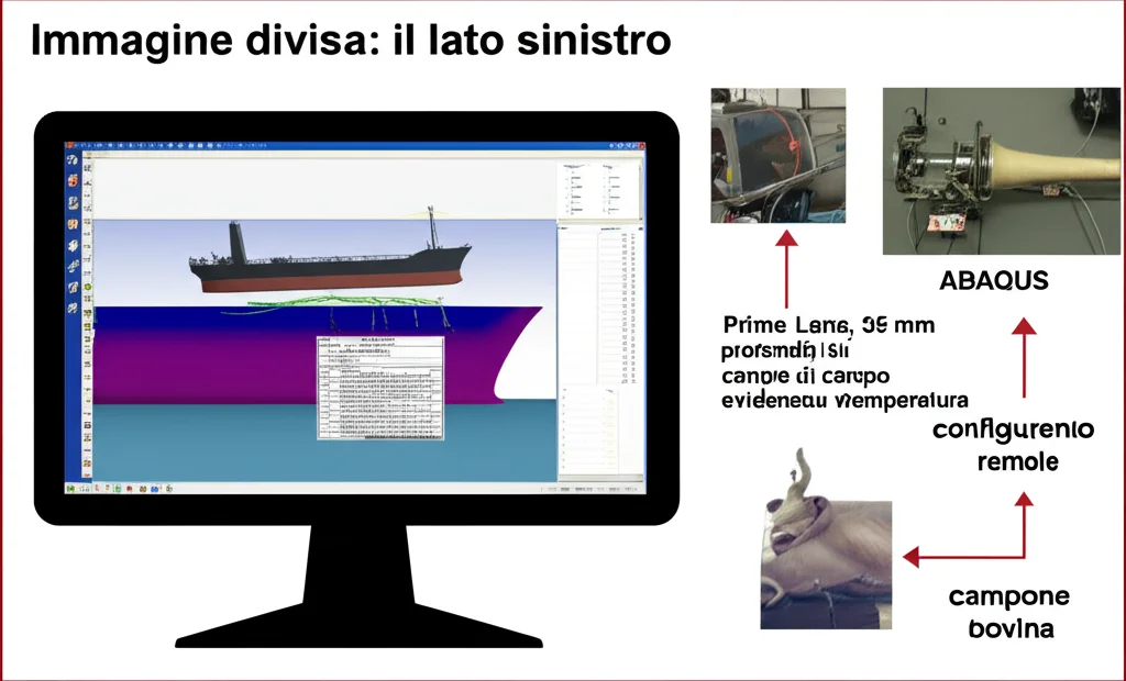 Immagine divisa: il lato sinistro mostra uno schermo del computer con una simulazione 3D ABAQUS dello strumento RA che interagisce con una nave. La parte destra mostra una configurazione di laboratorio con lo strumento reale, un campione osseo bovino e sensori di forza/temperatura. Prime Lens, 35 mm, profondità di campo per evidenziare entrambi gli aspetti.