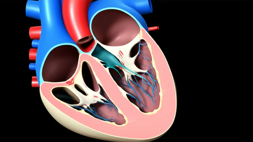 Immagine macro ad alta definizione di un modello 3D del cuore umano con focus sulla valvola mitralica e visualizzazione del flusso sanguigno color Doppler che mostra l'area della vena contracta, illuminazione controllata per evidenziare i dettagli anatomici, obiettivo macro 60mm.