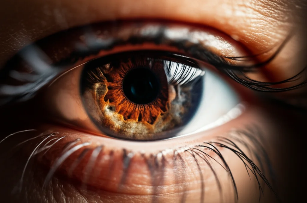 Primo piano di un occhio umano con sovrapposizioni digitali high-tech che ne analizzano la pupilla e l'iride, simboleggiando la stima dello sguardo. Obiettivo macro 90mm, alta definizione, illuminazione da studio controllata per enfatizzare i dettagli dell'occhio.