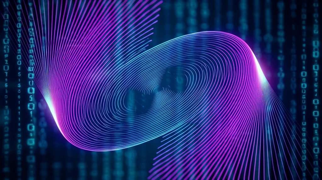 Visualizzazione 3D astratta di una matrice di rotazione che si trasforma fluidamente, con linee di codice binarie sullo sfondo. Illuminazione drammatica con toni blu e viola, profondità di campo per mettere a fuoco la matrice, stile futuristico.