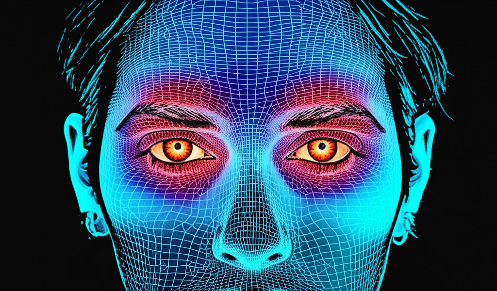 Un volto umano stilizzato, metà realistico e metà wireframe, con un focus luminoso sulla regione degli occhi evidenziata da una mappa di calore (heatmap) colorata (dal blu freddo al rosso caldo), a simboleggiare i meccanismi di attenzione. Obiettivo da ritratto 35mm, effetto duotone ciano e magenta, leggero film grain.