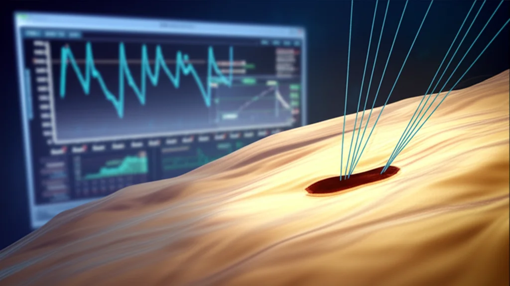 Primo piano macro di un tessuto epatico sano illuminato da una luce da laboratorio controllata, con elettrodi sottili posizionati delicatamente sulla sua superficie. Sullo sfondo, sfocato, uno schermo mostra grafici di bioimpedenza e una rappresentazione stilizzata di una rete neurale. Obiettivo macro 90mm, alta definizione, messa a fuoco precisa.