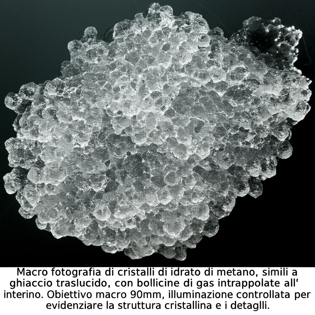 Macro fotografia di cristalli di idrato di metano, simili a ghiaccio traslucido, con bollicine di gas intrappolate all'interno. Obiettivo macro 90mm, illuminazione controllata per evidenziare la struttura cristallina e i dettagli.