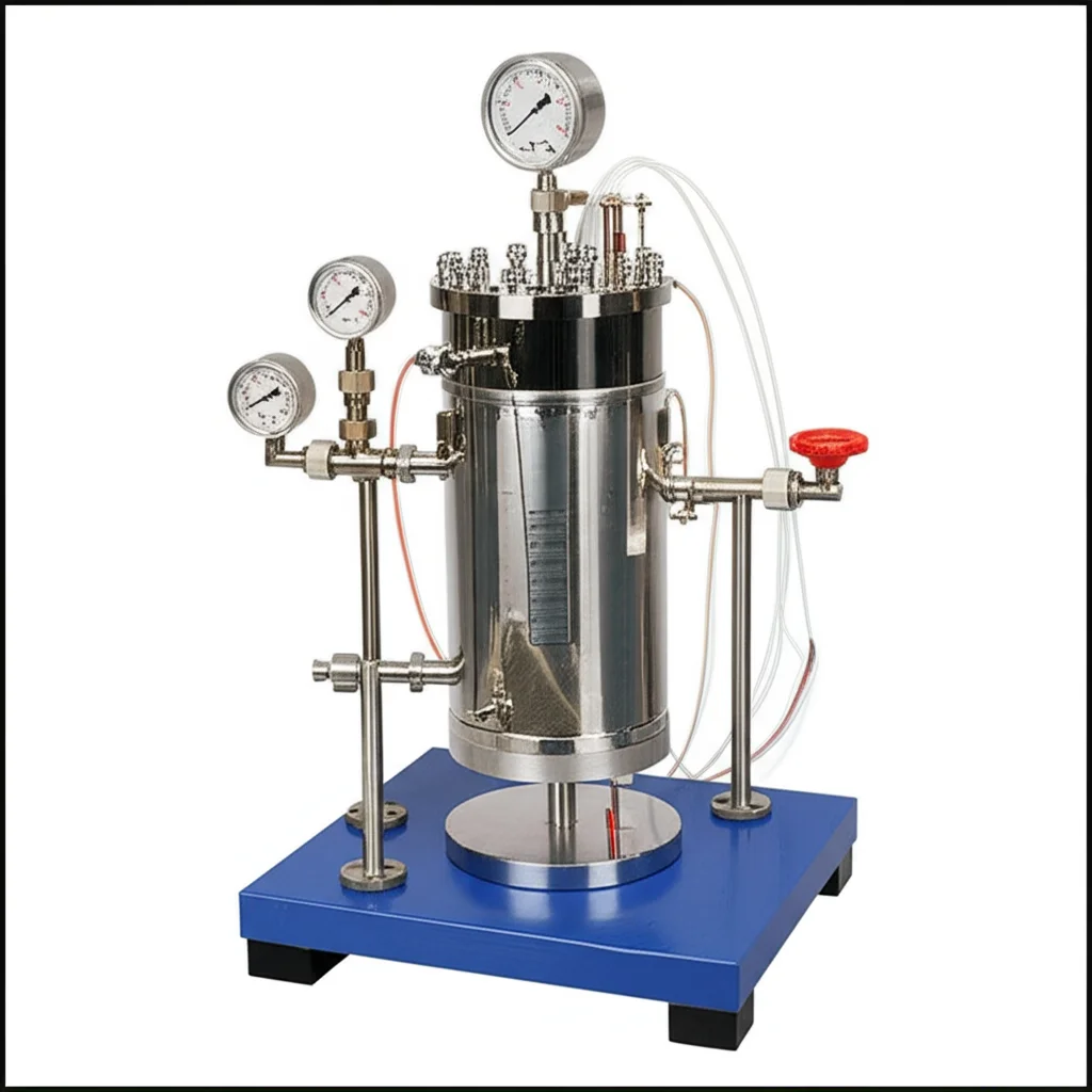 Fotografia di un reattore da laboratorio in acciaio inox per la formazione di idrati di gas, con tubi e manometri visibili. Obiettivo 50mm, profondità di campo per mettere a fuoco il reattore, illuminazione da studio per dettagli tecnici.