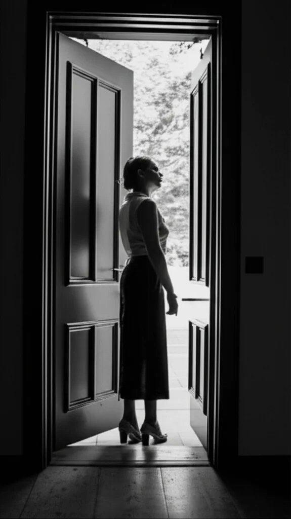 Una persona in piedi, esitante, sulla soglia di una porta socchiusa che conduce in una stanza leggermente più buia e indefinita, simboleggiando l'ignoto e il disagio. L'esterno è luminoso e familiare. Obiettivo da 24mm, film noir, profondità di campo che mette a fuoco la persona e la soglia, lasciando l'interno misterioso.