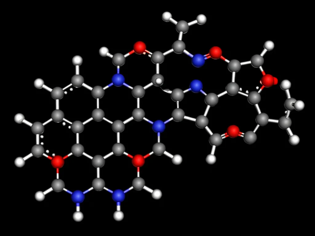 Visualizzazione 3D di molecole di sesquiterpenoidi con legami evidenziati, su sfondo scuro per contrasto, illuminazione che ne esalta la tridimensionalità, stile da pubblicazione scientifica, alta definizione, obiettivo macro 60mm.