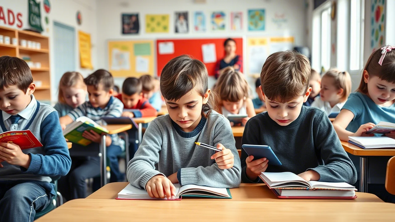 Fotografia realistica di una classe di scuola primaria europea, luminosa e colorata, con bambini e bambine di circa 9-10 anni impegnati in attività di apprendimento. Alcuni leggono libri, altri lavorano su quaderni di matematica. L'insegnante è visibile in secondo piano, interagendo con un piccolo gruppo. Lente prime, 35mm, profondità di campo per mettere a fuoco i bambini in primo piano, illuminazione naturale.