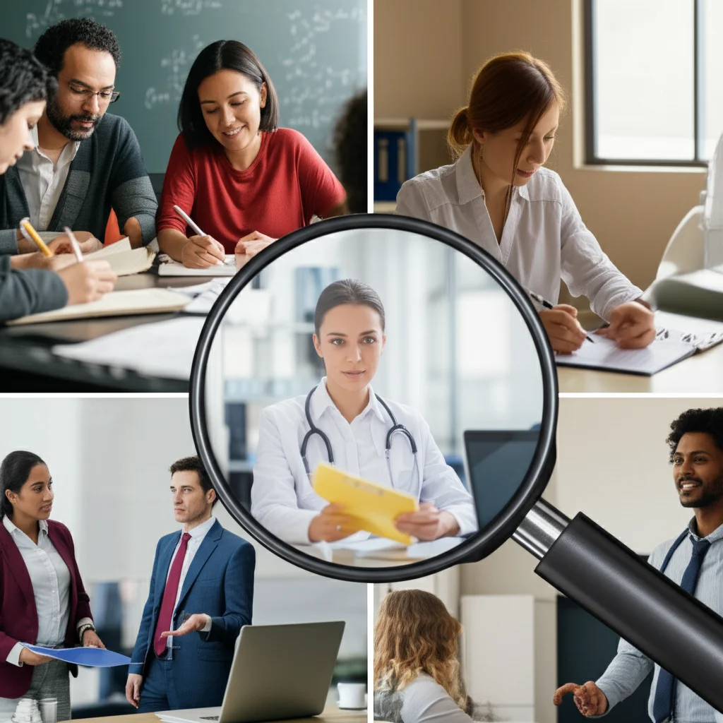 Immagine realistica che simboleggia il contesto sociale che influenza l'educazione: un collage di scene. Da un lato, genitori di diverso background socioeconomico che aiutano i figli con i compiti; dall'altro, immagini di donne e uomini in diverse professioni STEM e umanistiche. Lente zoom, 24-70mm, per catturare sia dettagli che scene più ampie, colori naturali e vivaci.
