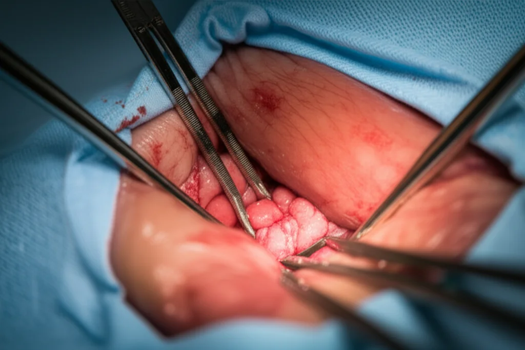 A detailed, close-up view of the parathyroid glands during a medical procedure, captured with a macro lens at 60mm, emphasizing high detail and precise focusing under controlled lighting in a sterile clinical environment.