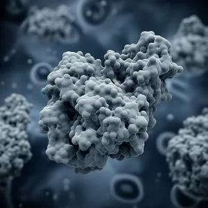 Composizione artistica fotorealistica che mostra una molecola di tigeciclina stilizzata che si lega a un mitoribosoma astratto all'interno di un linfocita T, con sfondo sfocato che suggerisce l'ambiente cellulare, illuminazione drammatica, stile film noir duotone blu e grigio, obiettivo 35mm con profondità di campo ridotta.