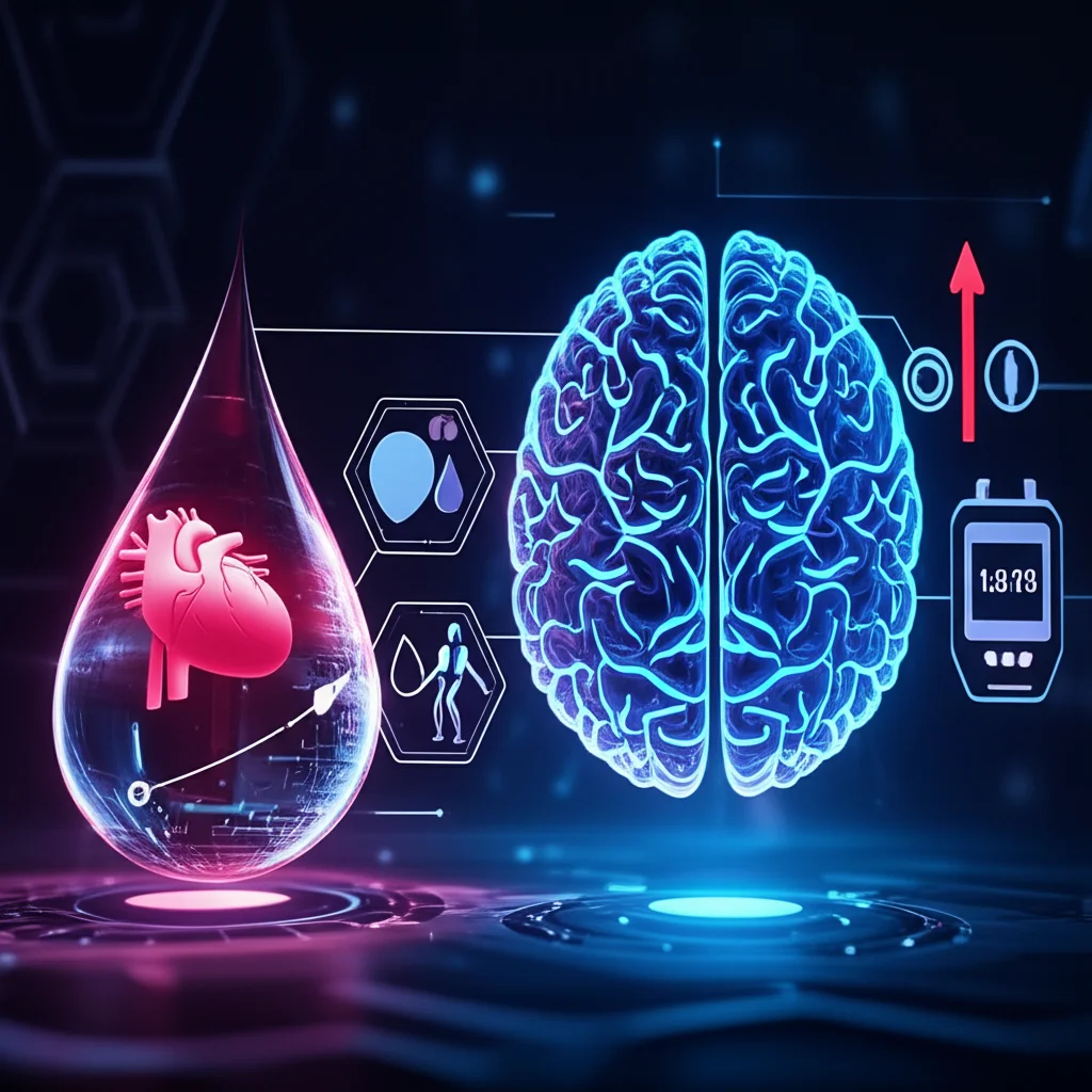 Concetto astratto di intelligenza artificiale che analizza simultaneamente dati sanitari multimodali (simboli luminosi di cuore, cervello, goccia di sangue per diabete, grafico pressione) per la predizione multitask di malattie croniche, stile fotorealistico, obiettivo 50mm prime, profondità di campo accentuata, illuminazione high-tech blu e viola.