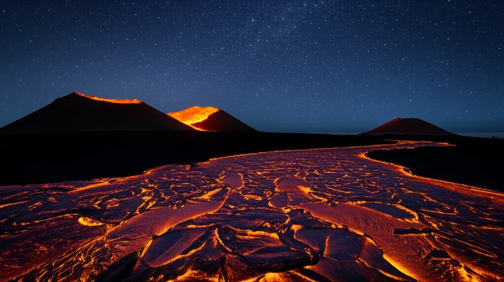 Flusso di lava incandescente che scende lungo il fianco del vulcano Mauna Loa durante l'eruzione del 2022, ripresa notturna con lunga esposizione per catturare il movimento fluido e i colori intensi rosso-arancio, obiettivo grandangolare 18mm, cielo stellato debolmente visibile sullo sfondo, focus nitido sulla texture della lava.