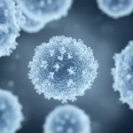 Illustrazione concettuale di un farmaco innovativo (Belzutifan) che interagisce con cellule tumorali stilizzate associate alla malattia di Von Hippel-Lindau, con un effetto di profondità di campo, obiettivo prime 35mm, toni blu e grigi duotone.