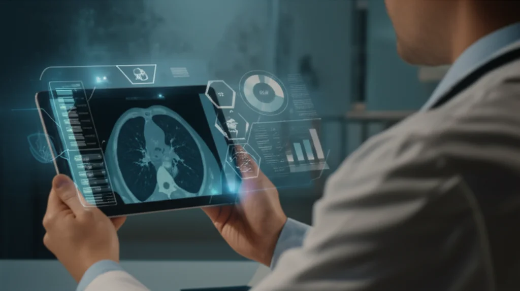 Illustrazione fotorealistica avanzata che mostra un medico che esamina una scansione TC polmonare su un tablet ad alta risoluzione, con sovrapposizioni grafiche luminose di una rete neurale convoluzionale e grafici di analisi AI. Obiettivo prime 35mm, profondità di campo che sfoca leggermente lo sfondo dello studio medico, illuminazione professionale da studio.