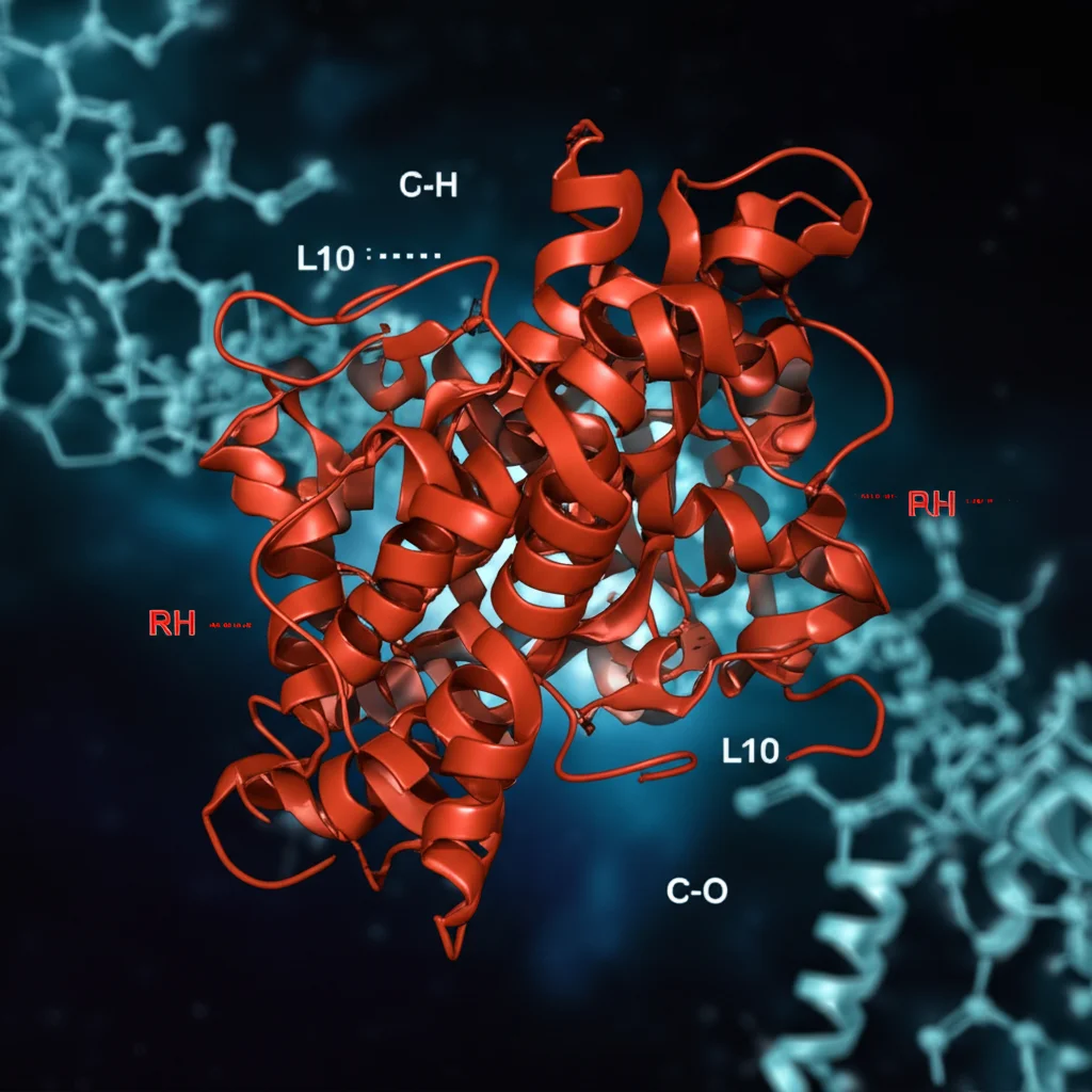 Illustrazione fotorealistica di un catalizzatore di rame al centro di un bivio molecolare, tenendo due 'redini' diverse (leganti L6 e L10 stilizzati) che dirigono una molecola astratta lungo due percorsi luminosi divergenti (uno etichettato 'C-H', l'altro 'C-O'), sfondo astratto con strutture chimiche sfocate, alta definizione, obiettivo 50mm prime lens, illuminazione suggestiva.