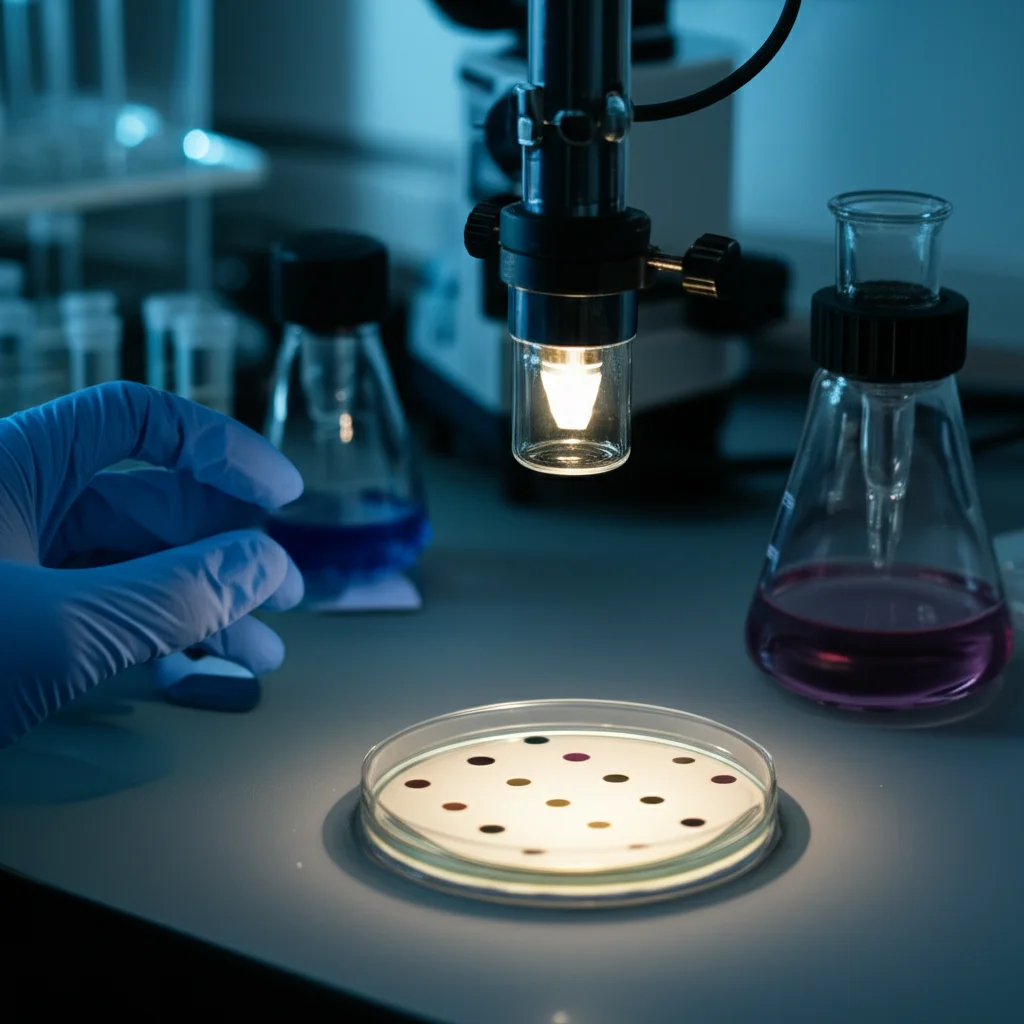 Immagine concettuale di un laboratorio high-tech con strumentazione per cromatografia (TLC) e analisi di campioni di plasma sanguigno, focus su precisione e innovazione eco-sostenibile. Obiettivo prime 35mm, profondità di campo che sfoca leggermente lo sfondo per concentrarsi sulla strumentazione illuminata e su una piastra TLC con spot separati, illuminazione da studio che enfatizza la pulizia e la modernità.