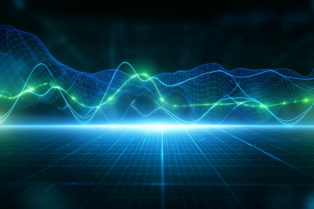 Immagine fotorealistica di onde cerebrali EEG e tracciati cardiaci ECG sovrapposti su uno sfondo tecnologico astratto e luminoso, obiettivo prime 50mm, profondità di campo accentuata, colori duotone blu elettrico e verde acqua, alta definizione, simboleggia l'analisi multimodale avanzata dei segnali fisiologici tramite intelligenza artificiale.