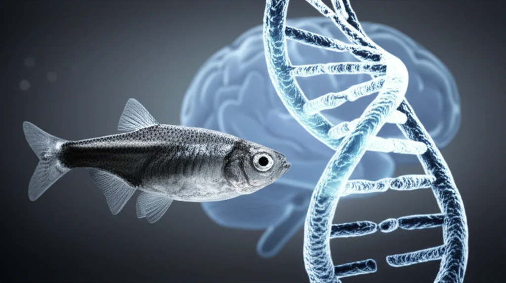 Immagine fotorealistica di uno zebrafish che nuota, con una sottile sovrapposizione di un'elica di DNA luminosa e un cervello umano stilizzato sullo sfondo, obiettivo primario, 35mm, profondità di campo, bicromia blu e grigio, a simboleggiare la ricerca genetica nelle malattie neurodegenerative.