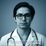 Prime Lens, 35 mm Style Portrait Shot di un medico che esamina pensiermente un display medico futuristico che mostra marcatori molecolari (Omentin-1 e Malat1) per malattie cardiache e diabete, profondità di campo, blu duotone e bianco.