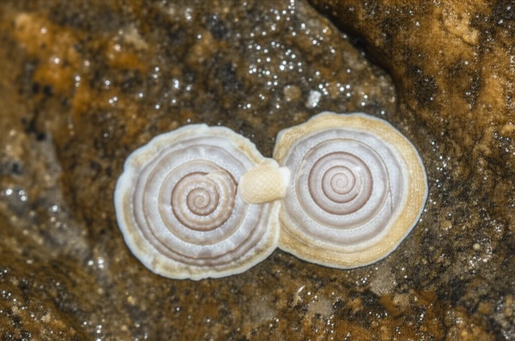 Two marine snails, Crepidula fornicata and C. plana, clinging to a wet rock in an intertidal zone, macro lens, 60mm, high detail, precise focusing.