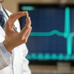 Un medico in camice bianco che tiene in mano una capsula trasparente contenente una polvere giallina (simbolo dell'acido alfa lipoico), con uno sfondo sfocato di un monitor ECG che mostra un tracciato cardiaco stabilizzato. Ritratto, obiettivo da 35mm, profondità di campo, toni caldi e rassicuranti.