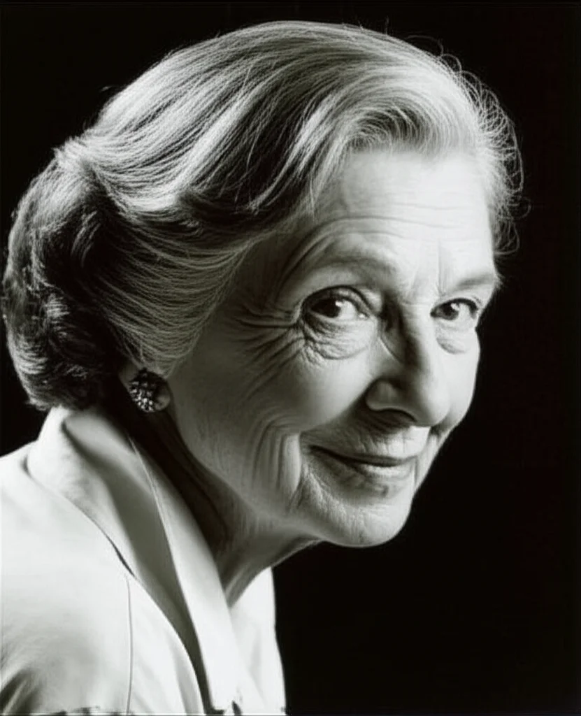 Un primo piano fotografico del volto sorridente e sereno di una donna anziana, con capelli grigi elegantemente acconciati. Luce laterale morbida che ne illumina i tratti. Obiettivo da 50mm, profondità di campo ridotta per far risaltare il soggetto. Colori caldi e naturali, bianco e nero film.