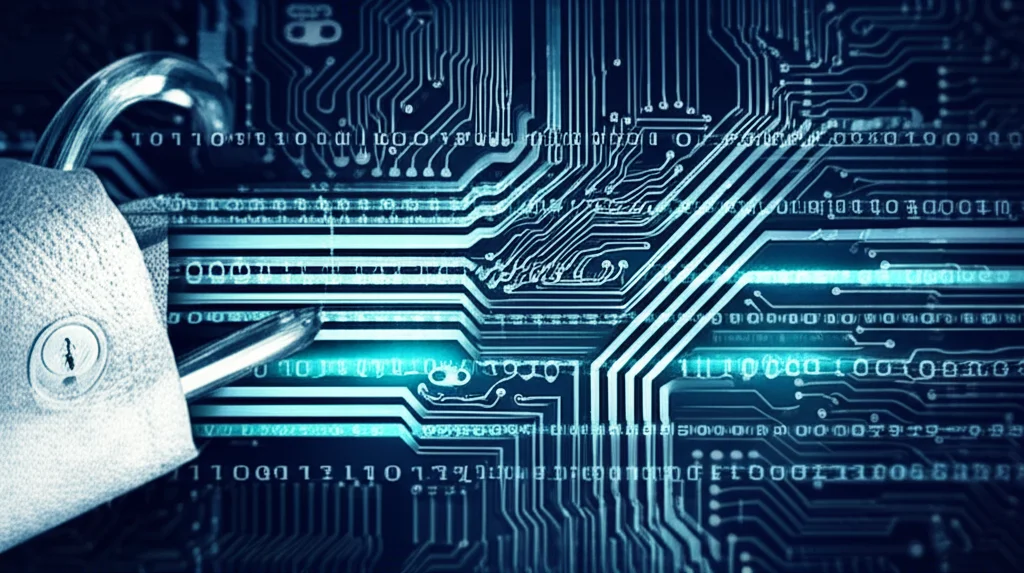 Un'immagine concettuale della crittografia moderna, con flussi di dati digitali astratti e lucchetti stilizzati che si intersecano, simboleggiando la protezione e la diffusione delle informazioni. Utilizzare una prime lens, 35mm, con un effetto duotone blu scuro e argento, e una marcata profondità di campo per un look cinematografico.