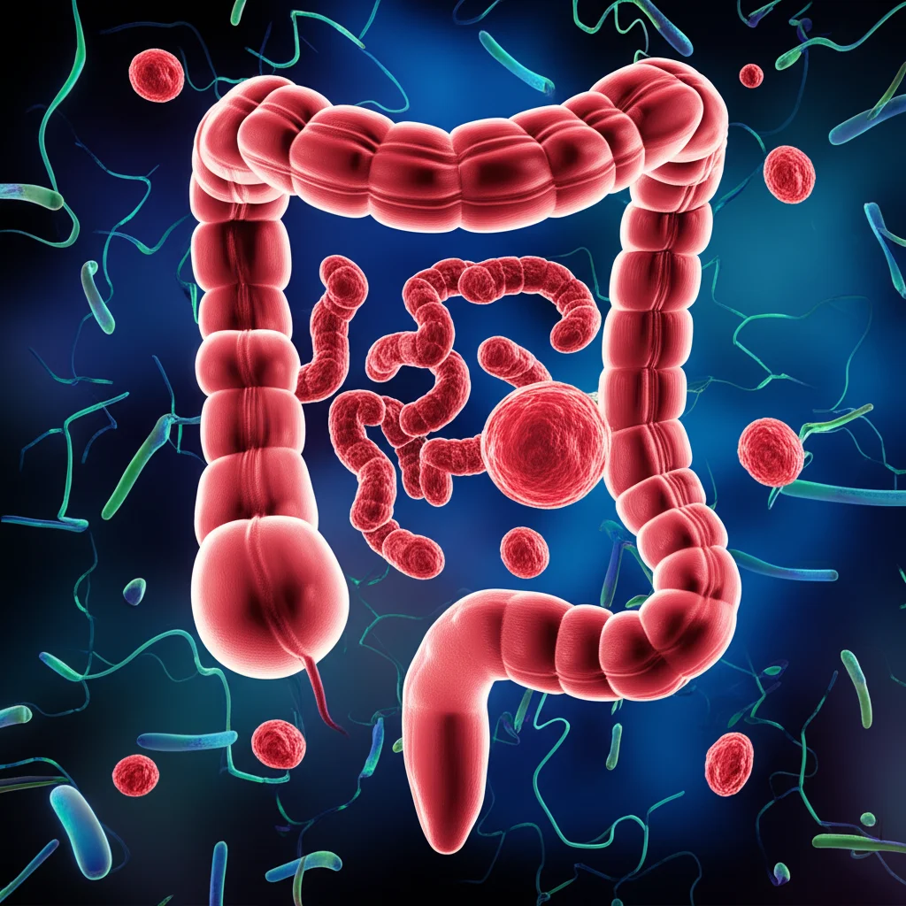 Visualizzazione scientifica astratta del colon umano con cellule tumorali (in rosso acceso) che interagiscono con il microbioma intestinale (batteri stilizzati in varie forme e colori) e molecole metaboliche (sfere luminose fluttuanti). Lo sfondo è scuro per enfatizzare gli elementi. Stile fotorealistico con elementi grafici, illuminazione drammatica, focus selettivo sulle interazioni cellula-batterio-metabolita.